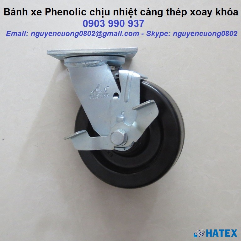 Bánh xe Phenolic chịu nhiệt độ cao Ø150 càng thép xoay khóa