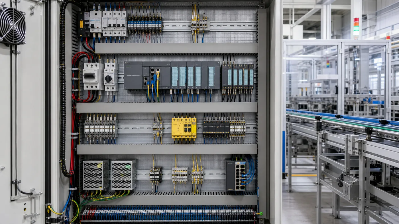 Kiến trúc tủ điện PLC có nguồn và safety relay
