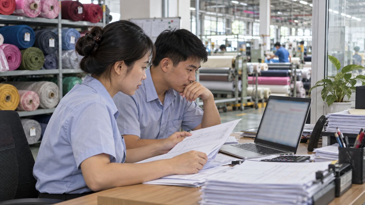 nhân viên xưởng dệt đối soát chuyển khoản tiền cọc đơn