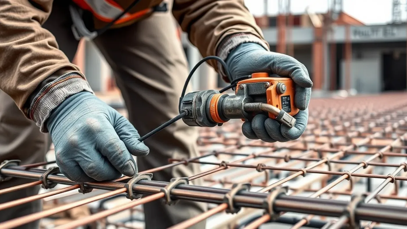 Mô tả máy buộc cốt thép rt395 tại công trường